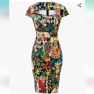 🌈 Beautiful Frida Kahlo Print 50s 60s Body Con Wiggle Dress